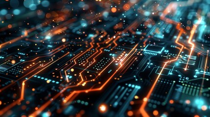 Poster - Detailed close-up shot of a computer circuit board showing various components and pathways. The circuit board is a complex network of electronic connections that enable the computer to function proper