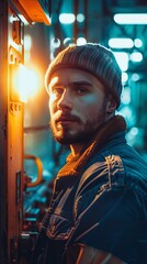 Poster - A man with a beard wearing a beanie hat is looking directly at the camera. His facial hair is well-groomed, and the beanie hat adds a casual touch to his appearance.
