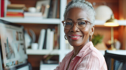 Wall Mural - A woman wearing glasses is sitting at a desk in front of a computer, smiling and she is enjoying her work. photo of a 60 year old attractive black woman typing on desktop computer with a smile at home