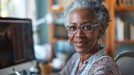 Canvas Print - A woman wearing glasses is sitting at a desk in front of a computer, smiling and she is enjoying her work. photo of a 60 year old attractive black woman typing on desktop computer with a smile at home