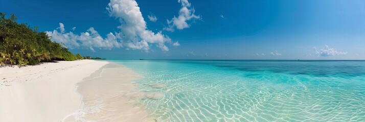 Sticker - A pristine white sand beach with crystal-clear turquoise waters under a bright blue sky on the Maldives