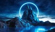 Neon Horizon: 3D Render of Futuristic Landscape with Glowing Blue Ring and Rocky Mountain Silhouette