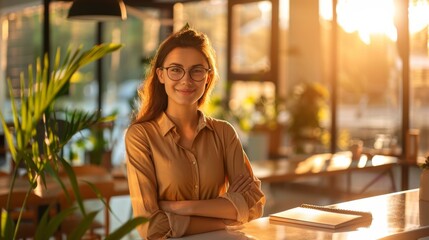 Poster - A woman is smiling and standing in front of a table with a notebook. She is wearing glasses and a brown shirt