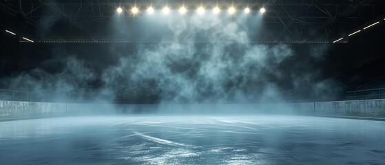 Wall Mural - Blue Ice Rink Background. Professional Arena illuminated neon lights, spotlights with smoke. Copyspace. Winter poster for hockey competitions. Ice skating. Stadium. Generative ai