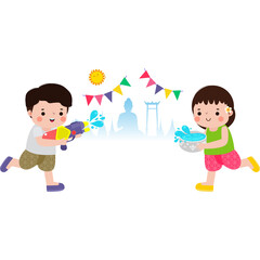 Wall Mural - Songkran festival kids thai Traditional enjoy splashing water Thailand New Year Day travel Thailand concept. Translation Songkran