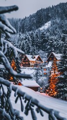 Wall Mural - A snowy landscape with a house in the background. The house is surrounded by trees and has a cozy, warm feeling. The snow-covered ground and the trees create a peaceful and serene atmosphere