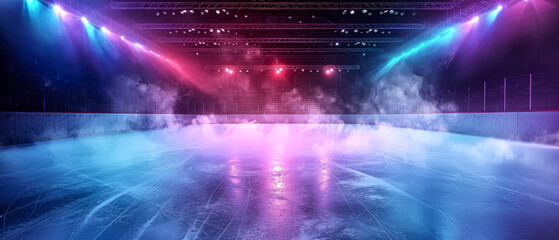 Wall Mural - Ice Rink Background. Professional Arena illuminated blue, pink neon lights, spotlights with smoke. Copyspace. Winter poster for hockey competitions. Ice skating. Stadium. Generative ai