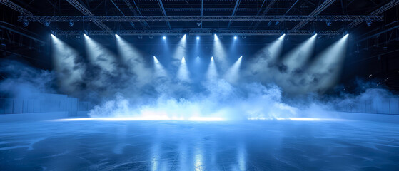 Wall Mural - Blue Ice Rink Background. Professional Arena illuminated neon lights, spotlights with smoke. Copyspace. Winter poster for hockey competitions. Ice skating. Stadium. Generative ai