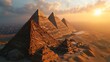 Generative AI Pyramid cluster, drone's altitude, sun setting, distant oasis, realistic twilight over Egyptian monuments