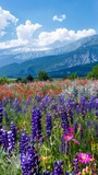 Fototapeta Kwiaty - In the foreground, a colorful field of wildflowers blooms under the sunny sky. In the background, towering mountains create a striking backdrop.