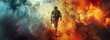 A soldier walks through a cloud of fire, surrounded by intense flames. The burning environment creates a dangerous and chaotic scene as the soldier navigates through the heat and smoke.