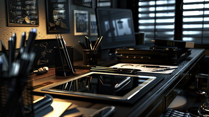 A desk neatly arranged with a computer monitor, keyboard, pencils, and various office supplies