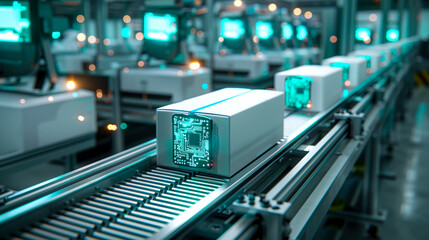 Wall Mural - Tech-inspired Graphic Design Elements on Conveyor Belt: White Boxes with Blue-Green Circuit Board Schematic