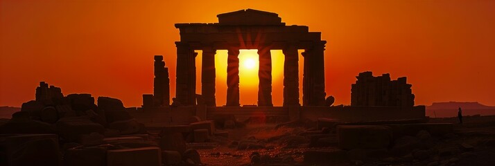 Canvas Print - An ancient temple silhouetted against the fiery backdrop of the setting sun, its ruins casting long shadows