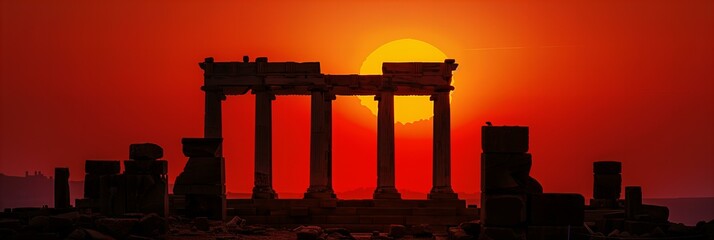 Poster - An ancient temple silhouetted against the fiery backdrop of the setting sun, its ruins casting long shadows