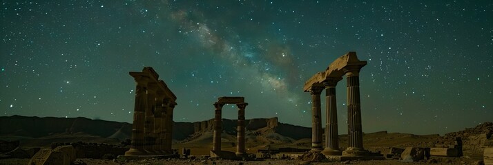 Sticker - The ruins of an ancient temple under a star-filled sky, its broken columns standing as silent witnesses to time