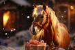 A golden horse stands adorned with a red ribbon, by a gift box with falling snow around