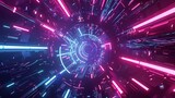 Fototapeta Przestrzenne - 3d render, abstract futuristic background with neon lights and holographic elements in space tunnel. Digital wallpaper for design, cover, banner, poster or presentation