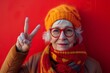 © VICHIZH - Senior woman with glasses and red scarf making peace sign gesture with hand in front of blurred background