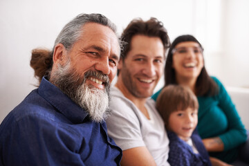 Poster - Family, portrait and parents, grandfather and child in living room, happy together with generations and love. Bonding, care and people relax at home with smile on face, trust and support in life