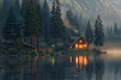 Enchanted lakeside cabin at twilight