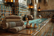 Elegantly folded towels beside a tranquil spa pool with ornate moroccan tiles and metal pitchers