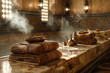 Traditional hamam with towels and brass bowls