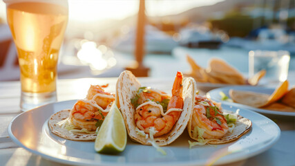 Wall Mural - Shrimp tacos on a white plate on the background of the sea