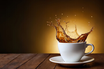 Sticker - cup of coffee or tea with splash on wooden table