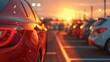 © studio nowhere - Red car stands out in dealership as sun sets, lights on. Sunset lights up car lot, red vehicle stands out sharply.