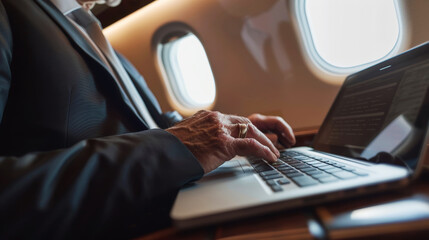 An elderly businessman in a business suit works on a laptop in a private jet during a business trip. Generative AI