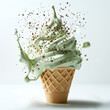 Delicious ice cream with exploding and melting chocolate pieces. Isolated light green ice cream with place for text. Illustration for banner, invitation, promo or poster.