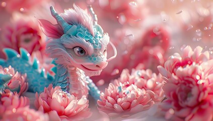 Wall Mural - A cute dragon surrounded by pink peonies, with a Chinese New Year festival atmosphere, using a pastel color palette