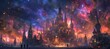 A fantasy castle surrounded by stars and shooting comets in a night sky, in the style of anime
