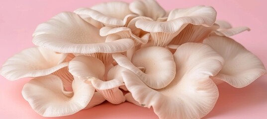 Wall Mural - Oyster mushroom pleurotus ostreatus on delicate pastel colored background for a serene aesthetic