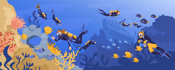 Sticker - Scuba diving on the bottom of the sea. Beautiful seascape fauna, fish. corals and algae. Sunken ship. Divers are exploring ocean nature. Concept of exploration and development. Vector illustration