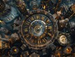 Aerial view of a Timeless Clockwork City: Imagine a city where time is kept in perfect order by intricate clockwork mechanisms, with gears turning and clocks chiming in harmony
