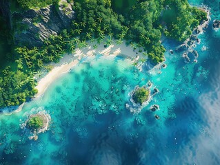 Wall Mural - Aerial view of a Tropical Paradise: Visualize a pristine tropical island with white sandy beaches, swaying palm trees, and crystal-clear turquoise waters teeming with colorful fish