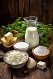 Fototapeta Natura - fresh dairy products, milk, cheese, eggs and yogurt