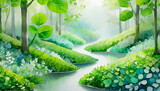 Fototapeta Tęcza - 新緑の森の水彩画テイスト,Generative AI AI画像