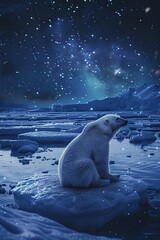 Wall Mural - polar bear at the north pole wandering at night