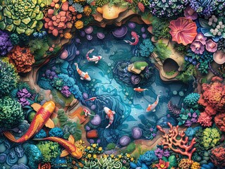 Wall Mural - Aerial view of a Timeless Wonderland: Visualize a whimsical wonderland where time stands still, with curious creatures, magical landscapes, and endless adventures
