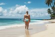 overweight woman in a bikini standing in the sand on the beach
