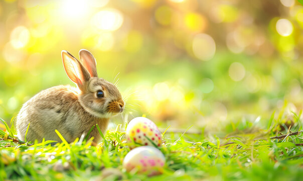Easter rabbit on grass with eggs sunshine