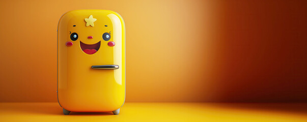 Sticker - Happy smiling cartoon character yellow refrigerator on an isolated orange background