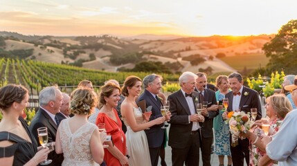 Wall Mural - Romantic sunset vineyard wedding reception with sparkling wine for destination wedding ad