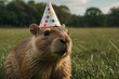 Happy birthday card with a capybara with a birthday cap 