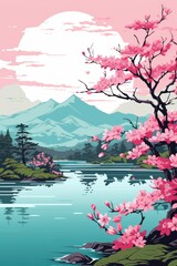 Wall Mural - pink blossom trees in beautiful spring landscape illustration