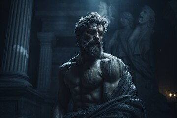  Mysterious ancient greek, roman male stoic statue, sculpture in dramatic lighting, shadows highlighting the impressive muscular build and classical beauty. 