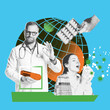 © master1305 - Doctor holding pill for woman sneezing, suffering from virus. Contemporary art collage. Prescription of meds for diseases cure. Concept of medicine, healthcare, treatment, profession